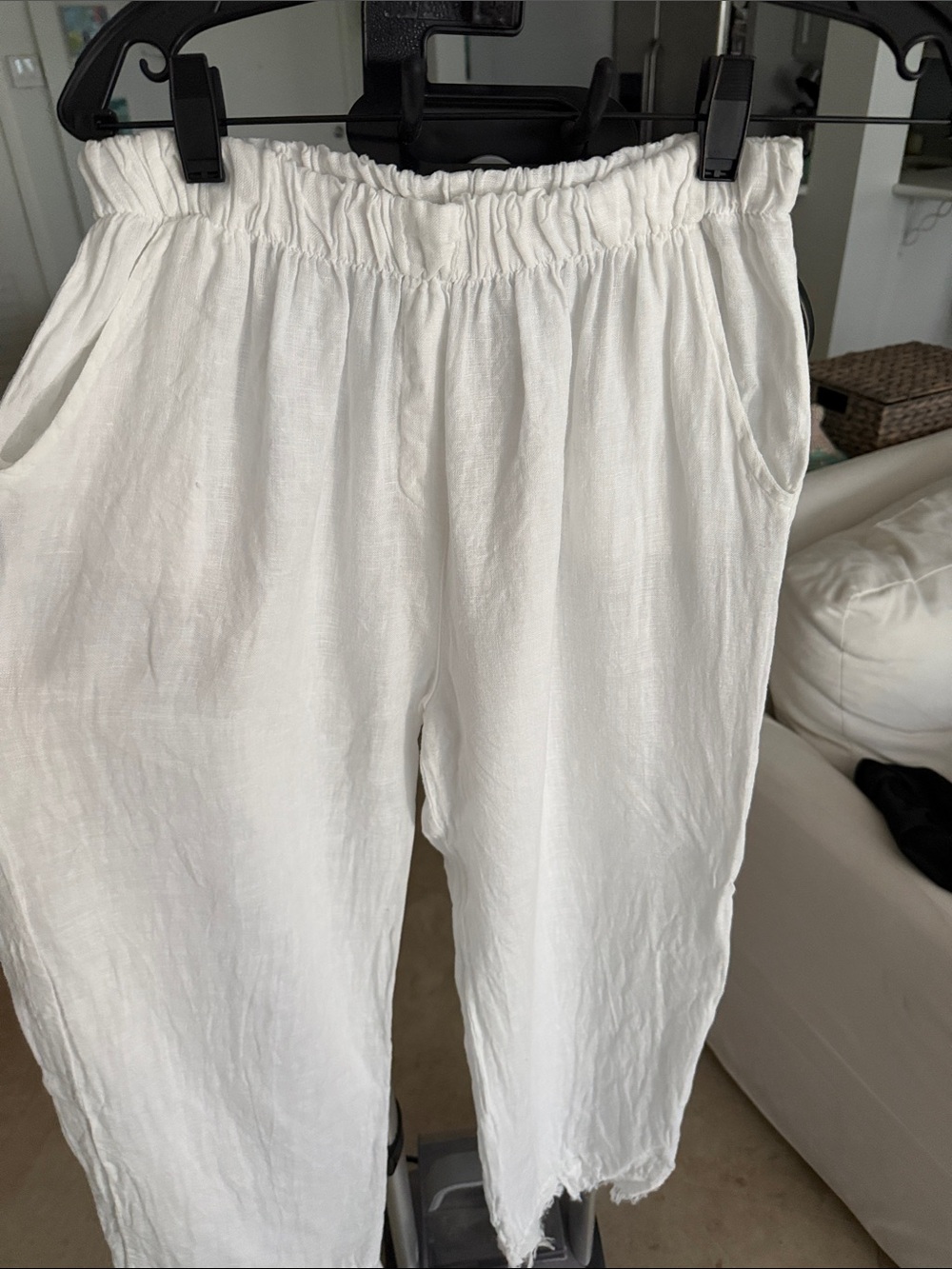 White Linen Blend Elastic Waist Men’s Pants